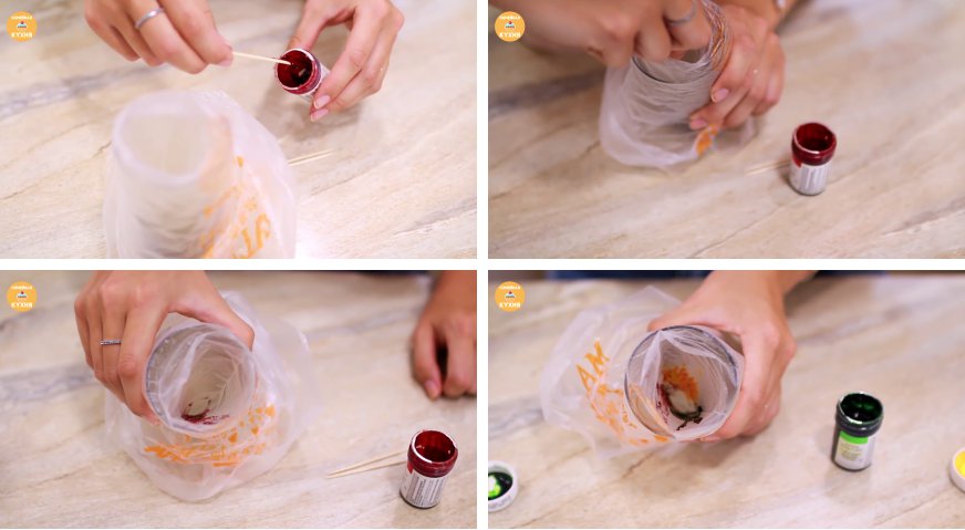 Как сделать съедобный спиннер: Кондитерский пакет надеваем на высокий стакан и смазываем внутри красителями при помощи зубочисток.