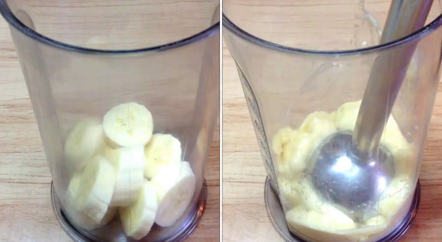 Банановый пирог: Измельчаем бананы блендером, и добавляем к сметанной смеси.
