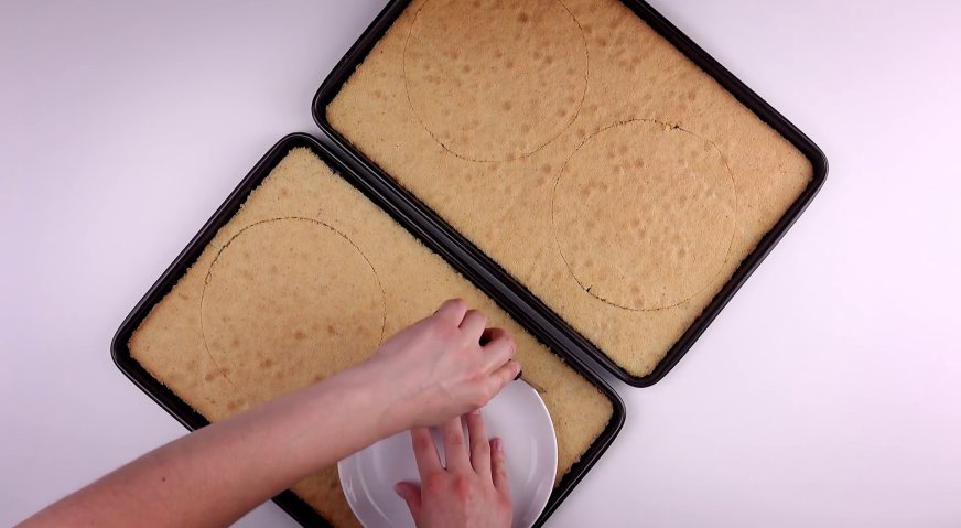 Торт рафаэлло: Пользуясь шаблоном, вырезаем 4 бисквитных коржа одинакового диаметра.