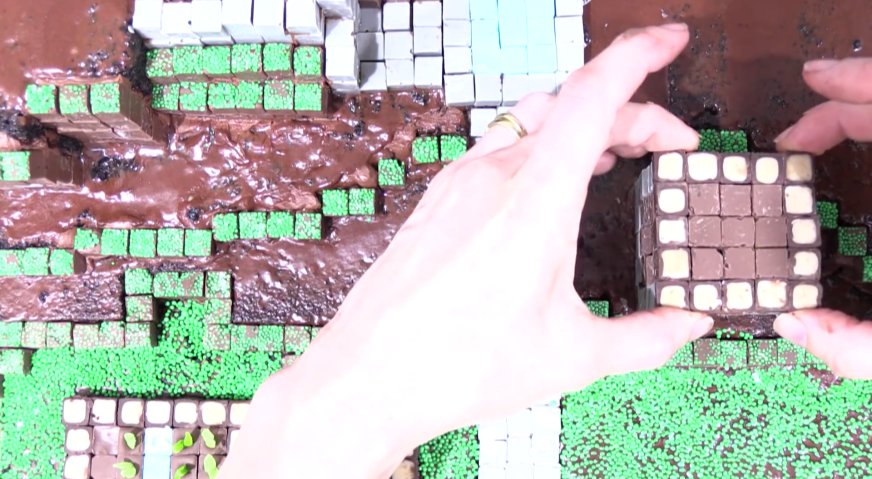 Торт майнкрафт: Из деревянных и каменных блоков формируем домики, скрепляя блоки между собой растопленным молочным шоколадом.